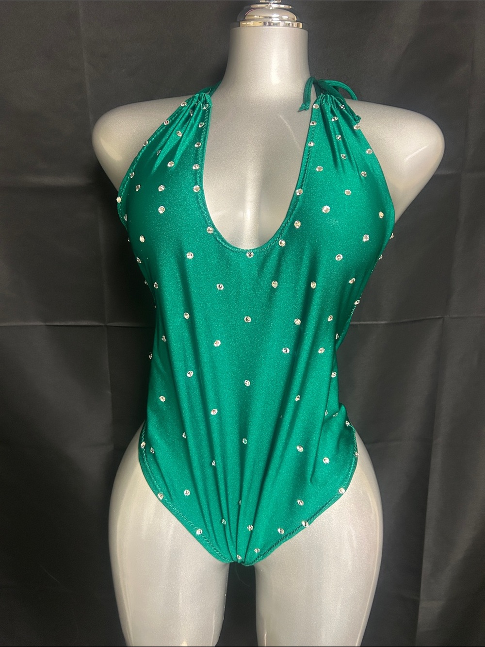 Emerald Green Halter One-Piece Swimsuit with Rhinestones